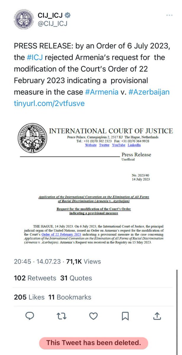 ireli_pu's tweet photo. #Armenia's tactics to bend # international #law to its favor raises serious concerns about respect for #justice, # truth, and legality. Is terror the new face of diplomacy? #QuestionICJ #ICJ @CIJ_ICJ https://t.co/7DkXxGE7Qd