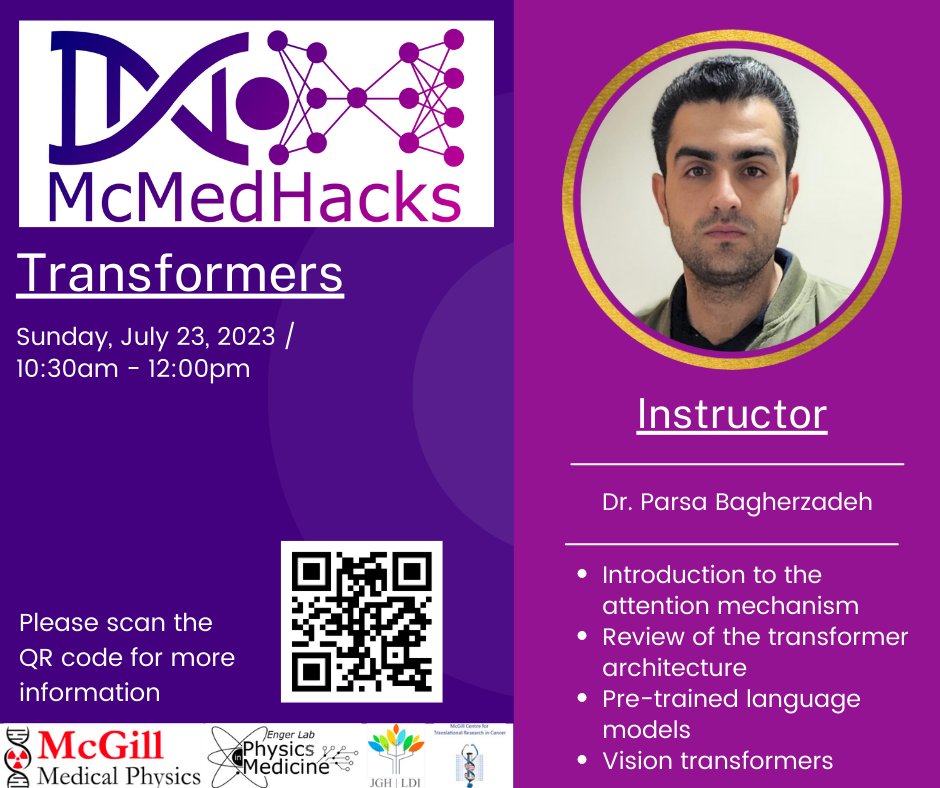 Join us for the next workshop that will take place on Sunday, July 22 from 10:30 am to 12:00 pm EDT! During this session, Dr. Parsa Bagherzadeh, Ph.D. will teach us about transformers. mcmedhacks.com @ITransmedtech @MedphysCA @EngerLab @McGillMedPhys
