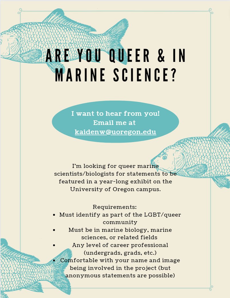 Please RT! I'm looking to get short statements from queer marine scientists & biologists (& related fields) about their experiences being queer in their fields. Any level of experience or career is okay, anonymous statements are possible. DM me here on Twitter or email me!