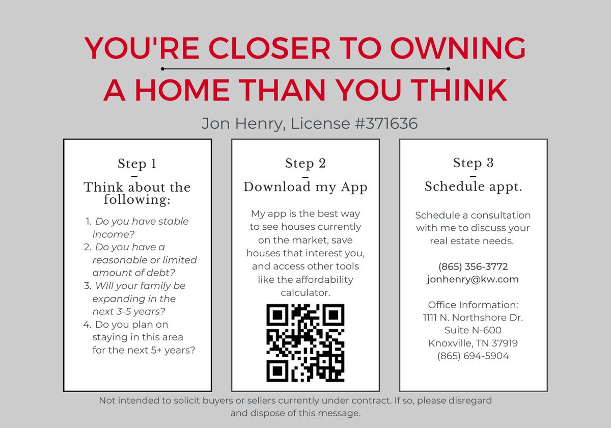 Why rent when you can own? 

Contact me today and I'll show you how you can start building equity in your own home and quit paying 100% interest on rent every month.

#firsttimehomebuyer #movetoknoxville #knoxvillerealestate #easttennesseerealestate #KW #owndontrent