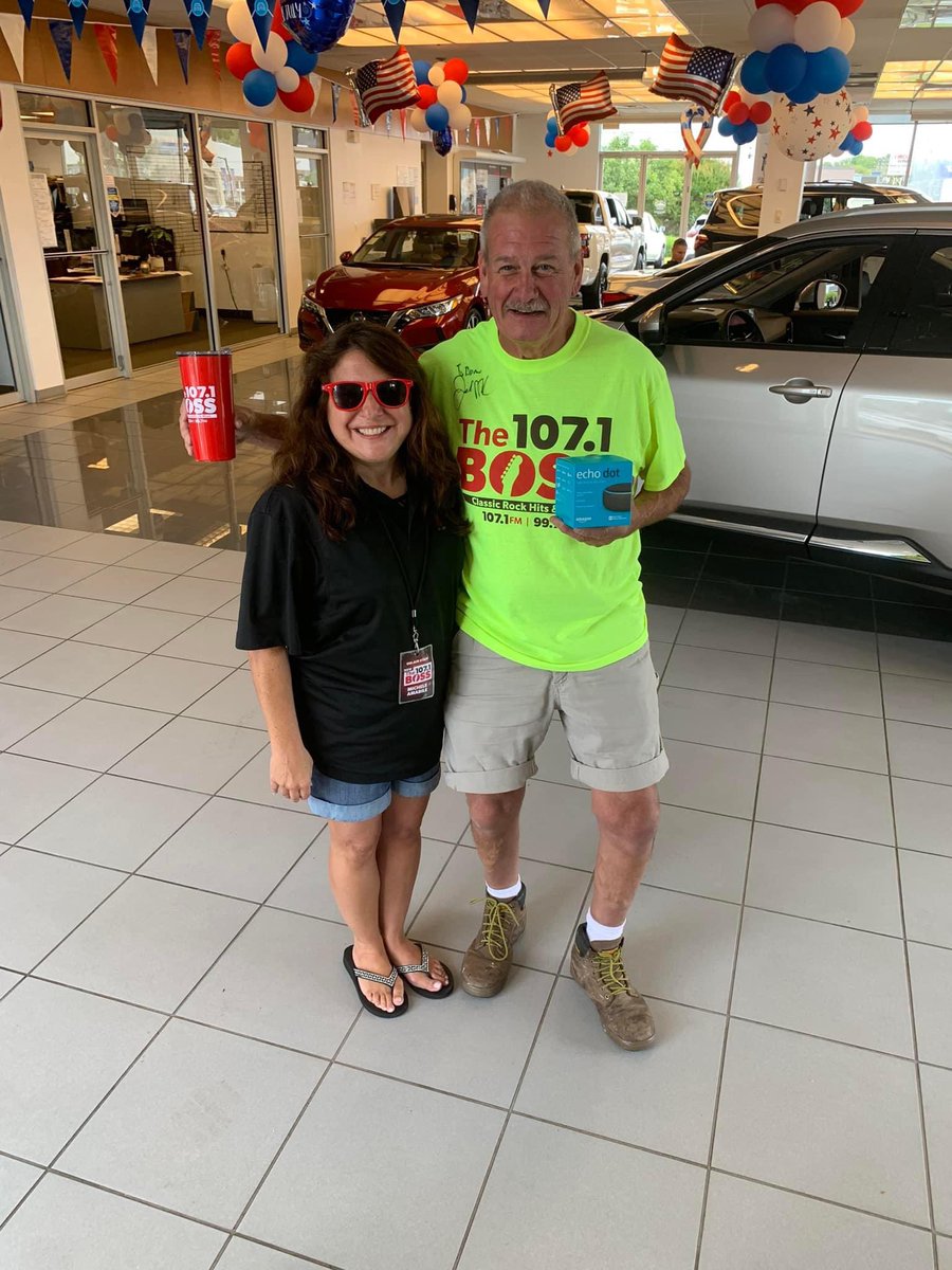 1071TheBoss's tweet photo. Congratulations to Brian and Amy Long! He won a 1071 The Boss Neon T Shirt at a previous Boss Event with Joe Nolan and came to see Michele Amabile at Nissan City of Red Bank wearing his shirt and won a FREE BOSS Echo Dot! Come to our events to win your #neontshirt #neont #Boss https://t.co/uaDTPkcRAA