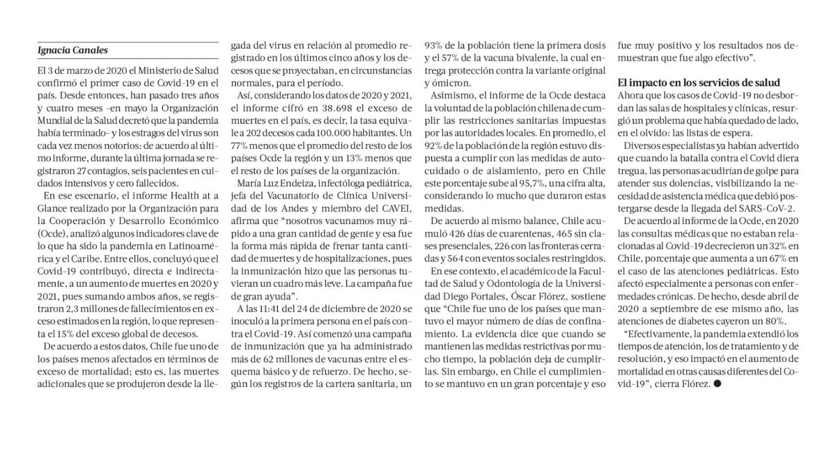 Balance #OCDE del #COVID19: 'Chile tuvo uno de los menores excesos de muertes y alta voluntad de las personas a obedecer medidas', destaca @latercera. Health at a Glance entrega importantes resultados de nuestra gestión en los momentos más complejos de la pandemia en 2020 y 2021