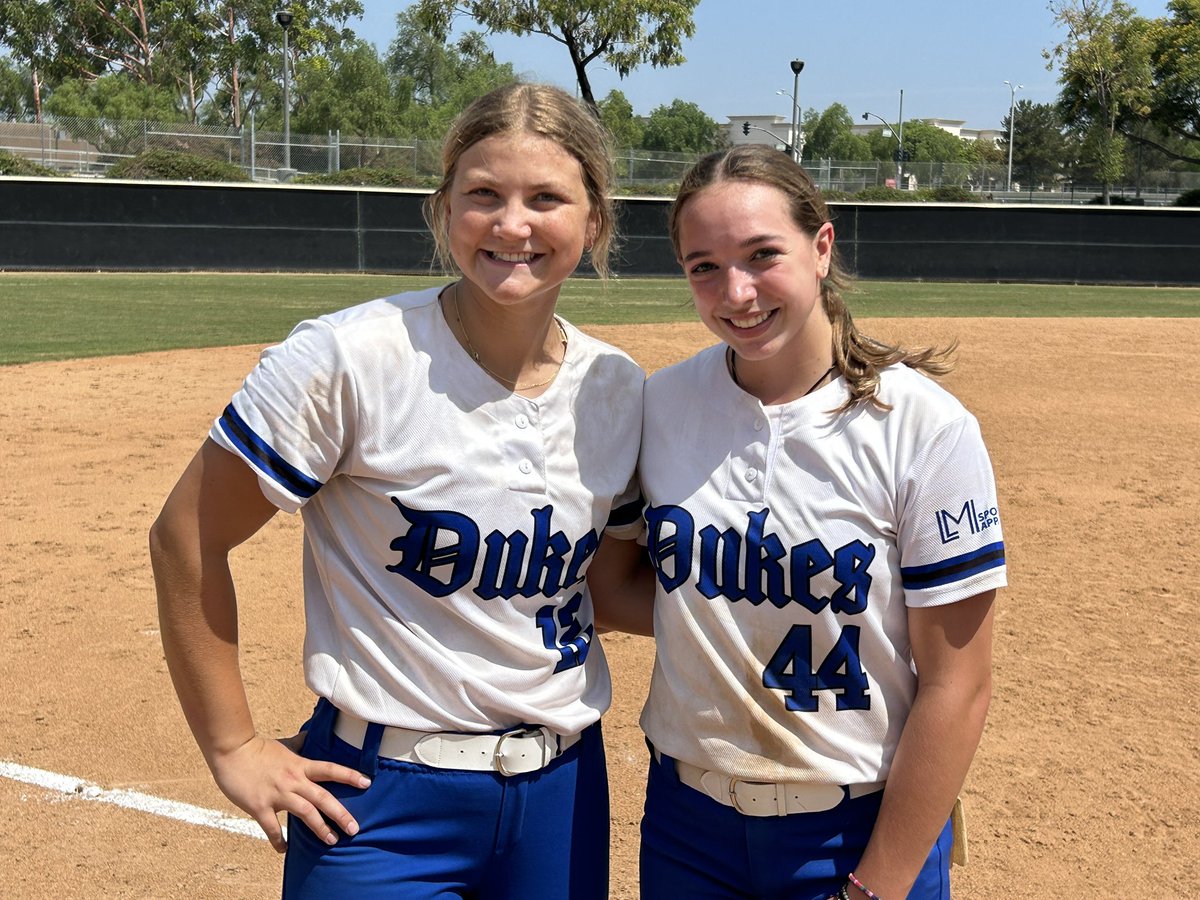 DukesFanelli's tweet photo. Great first day of pool play at PGF  Nationals in California!!  NO-HITTER for @KenzieStoltz06  and a 3 hit shutout for @etolen_raegan.  Defense was phenomenal too.  Next game is Sunday at 10:15am at Harvard Park Field 7.
@PGFnetwork @Los_Stuff @LegacyLegendsS1 @ExtraInningSB https://t.co/0HCNm3UoTx