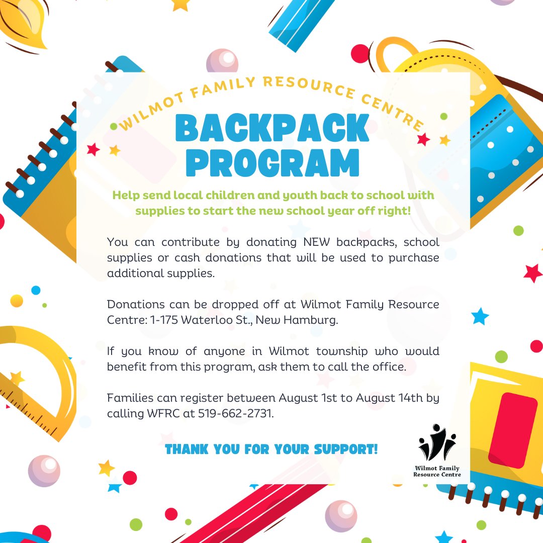 OfficialWWRC's tweet image. Let&apos;s ensure every student is prepared for success with our #BackpackProgram - providing new #schoolsupplies to those in need! Families: register for a backpack Aug 1-14 by calling 519.662.2731. Donations of NEW backpacks, school supplies, &amp;amp; cash can be dropped off at #WFRC.