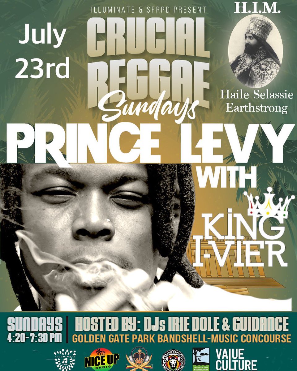 Come out and enjoy Crucial Reggae Sunday tomorrow July 23 from 4:20-7:30pm. 

<a href="/iriedole/">Irie Dole</a> 
DJ Guidance
&amp; Special Guests <a href="/prince_levy/">Prince Levy</a>  &amp; <a href="/KingIvier/">King I-Vier</a> 

Always free, always family friendly! See you out there🎶

#livemusic #SanFrancisco <a href="/RecParkSF/">San Francisco Recreation and Park Department</a>