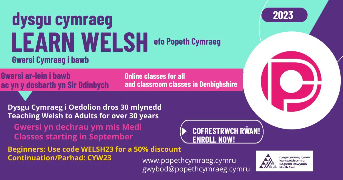 popethcymraeg's tweet photo. WELSH CLASSES FOR ALL LEVELS
Continuing learners:  Register and use code CYW23 before 31/07/23 for 50% discount.
New Learners:  Use code WELSH23 until 30/09/23 for 50% discount.
https://t.co/aRqOmI9BrK 
#DysguCymraeg #SeptemberWelsh #LearnWelsh #WelshClassDiscount https://t.co/4nqysHGrgf