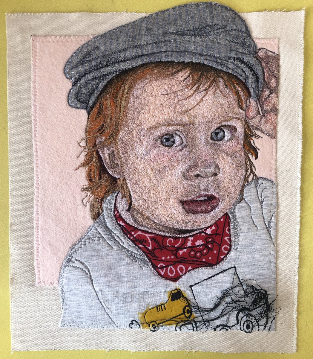 PootlesMoon's tweet photo. A recently finished #portrait commission now with its owner. This was a challenging, but very enjoyable piece to create. Completed with free motion #embroidery using @aurifilthread and appliqué on canvas. https://t.co/4ecSbreYTl
