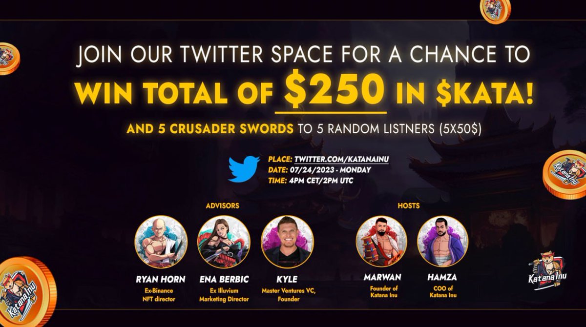 katanainu's tweet photo. Mark your calendars for our upcoming Twitter Space!⚡️

This Monday! 24/07 at 2PM UTC!

5x 50$ and 5 x Mythical Crusader Sword NFTs to 10 lucky participants!🎁

All you need to do is join and participate in the twitter space &amp; Listen! Like &amp; RT and you'll have higher chances! https://t.co/fCNRel8dmF