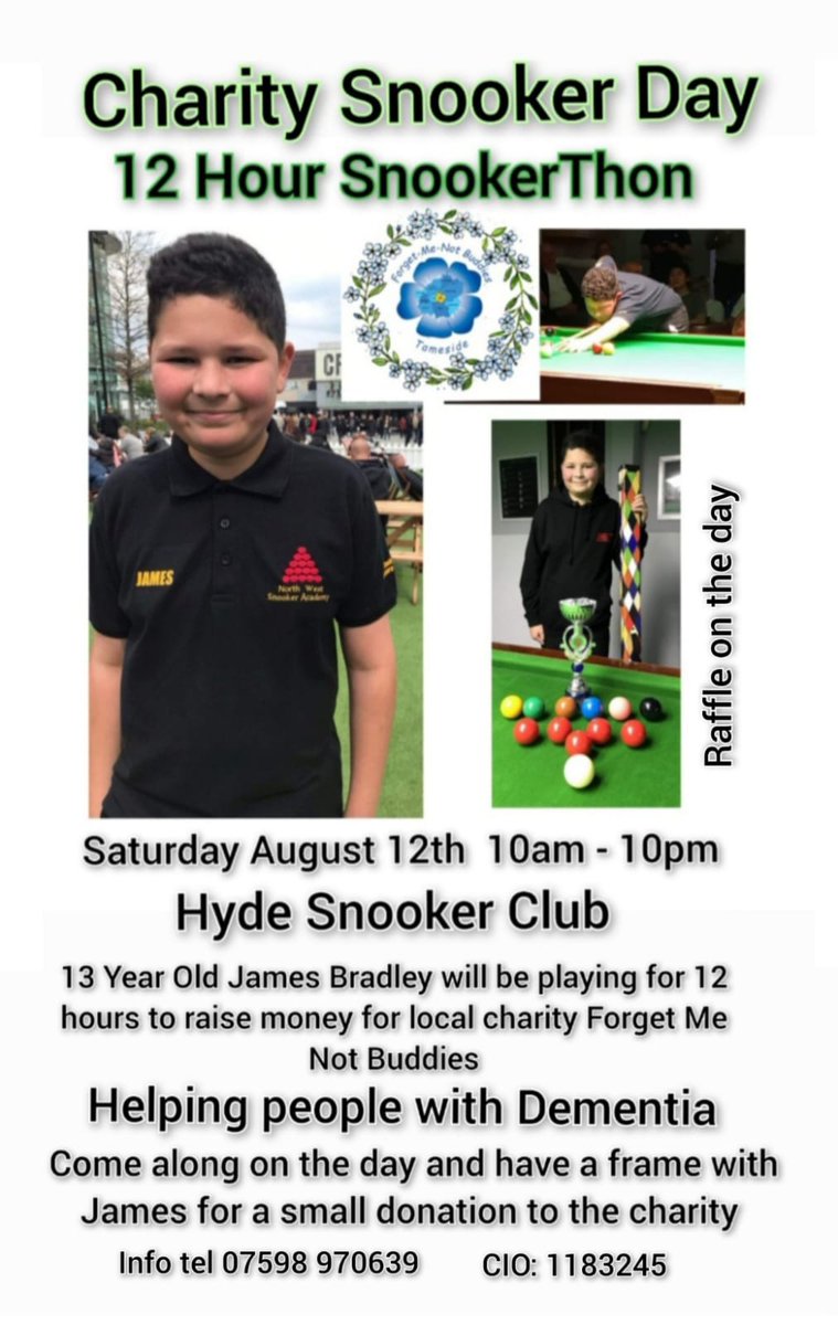 @samyarwood89 Hello Sam,hope your well. My 13year old son James is doing a 12hour snookerThon on sat August 12th at Hyde Snooker club to raise money for local charity Forget Me Not Buddies, helping people with Dementia. Please could you give it a tweet if possible. Many thanks.