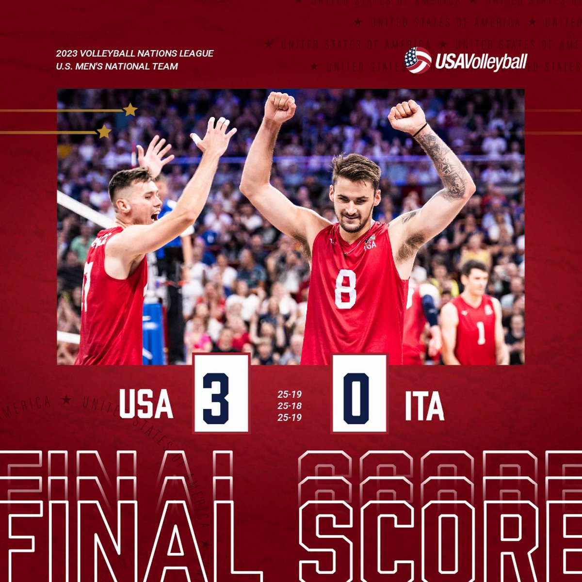 WE'RE IN!! 🇺🇲💪 The U.S. Men swept Italy 🇮🇹 (25-19, 25-18, 25-19) on Saturday to advance to the #VNL final for the 2nd straight year. The U.S. will play host Poland 🇵🇱 in the final at 11a PT on Sunday. Story and stats to come