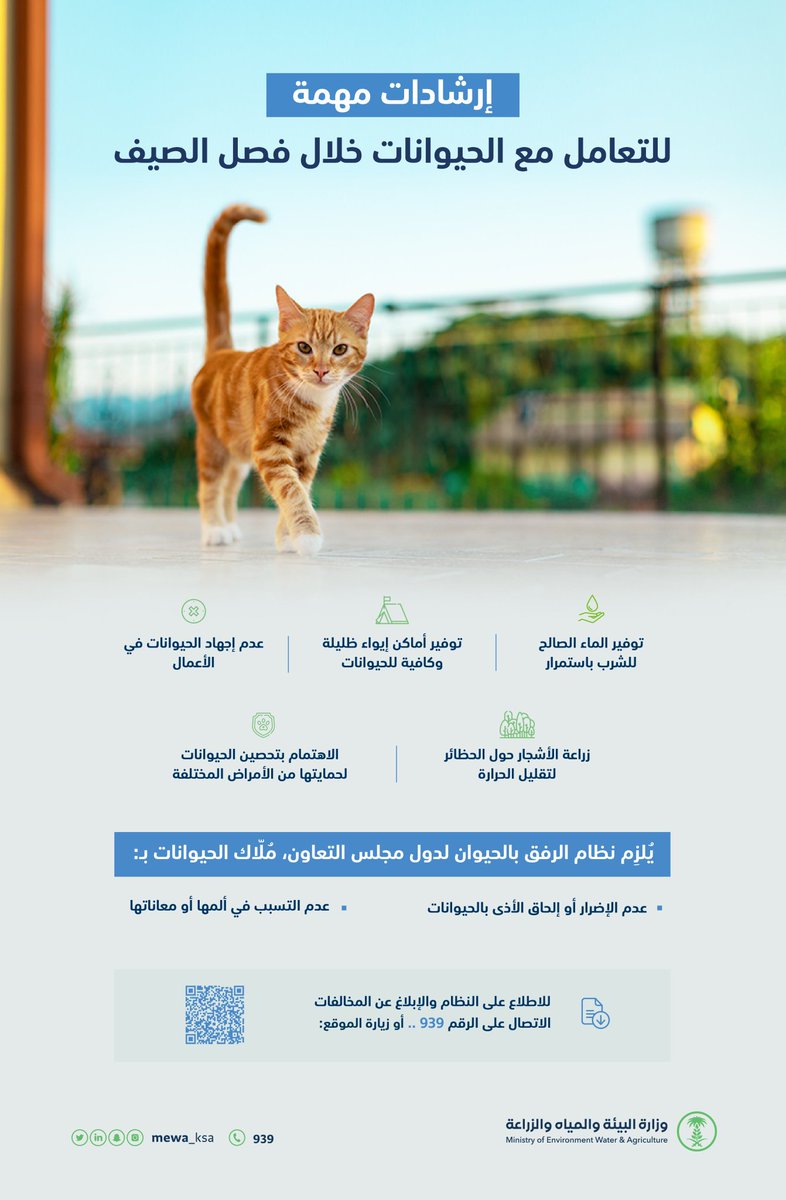 إرشادات مهمة للتعامل مع الحيوانات لتعزيز مبدأ الرفق بالحيوان وتطبيق معايير الحماية من درجات الحرارة المرتفعة خلال فصل الصيف.
#الحياة_الفطرية