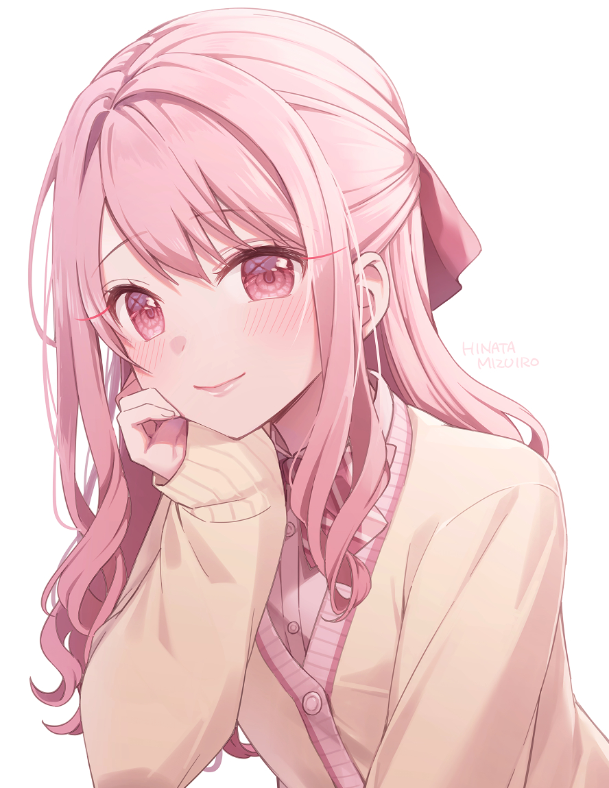 pink hair solo cardigan pink eyes 1other long hair smile  illustration images