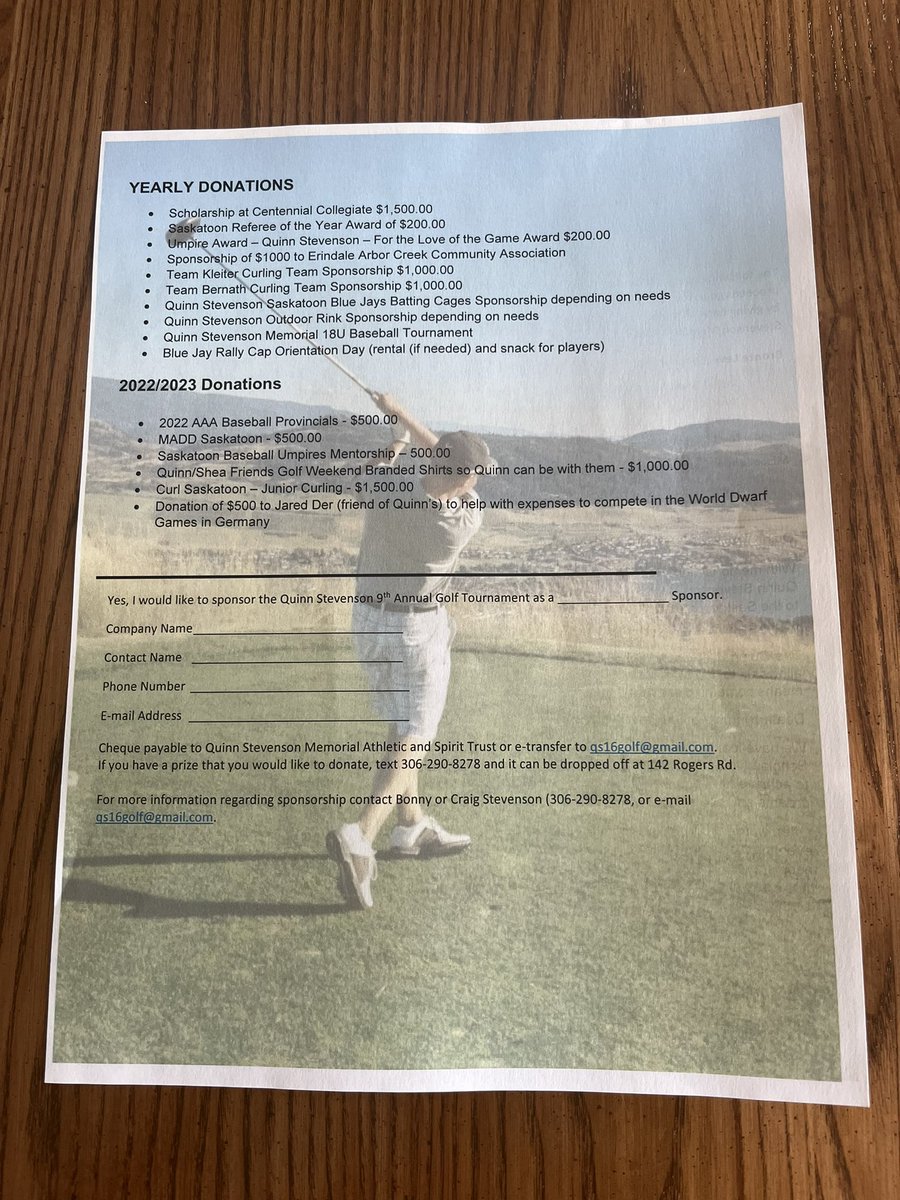 Stevb2's tweet photo. Quinn Stevenson 10th Annual Memorial Golf Tournament is still humbly accepting Bronze Sponsorships, team prizes, silent auction prizes and items to be added to the golfer bags. Thanks https://t.co/6HxP96YZ7H