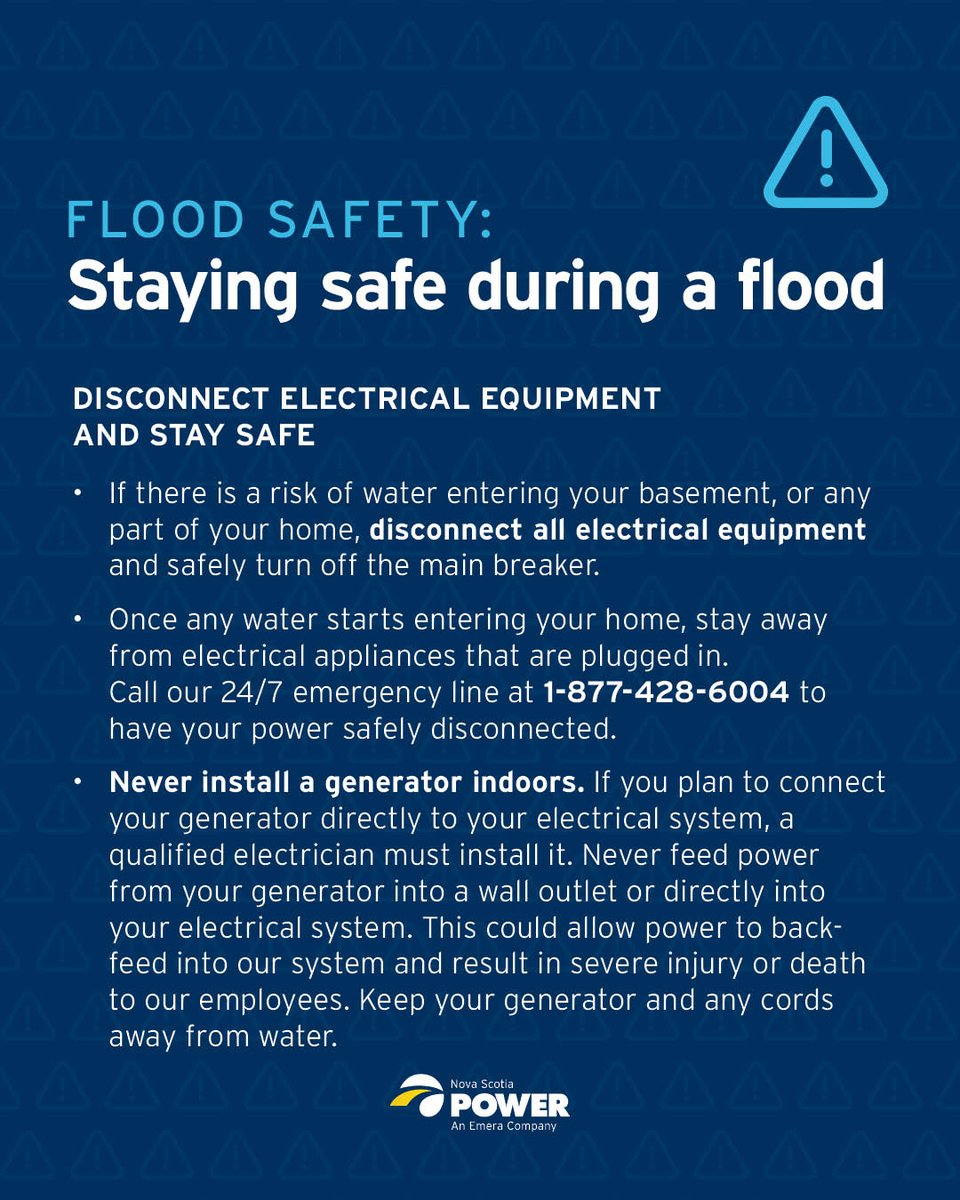 nspowerinc's tweet photo. With several parts of the province experiencing flooding, we wanted to share these important electrical safety tips.

Our crews are continuing to respond to outages caused by severe weather. Washed out road conditions are causing delays in some areas, but crews have made significant progress restoring power for our customers. A high number of lightning strikes have impacted our equipment, including poles, lines and transformers. Please continue to check https://t.co/3FqCMBEjVc for the latest updates and estimated restoration times.