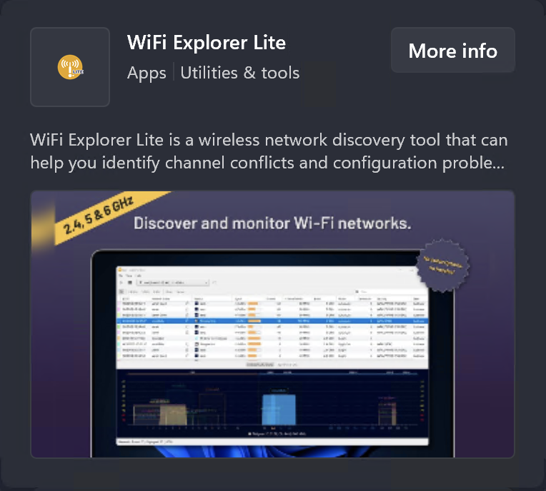 We've made available WiFi Explorer Lite on Windows. WiFi Explorer Lite is a basic, lightweight version of WiFi Explorer with support for Wi-Fi6E. You can find it on the Windows Store: microsoft.com/store/productI… #WiFi6E #Windows11