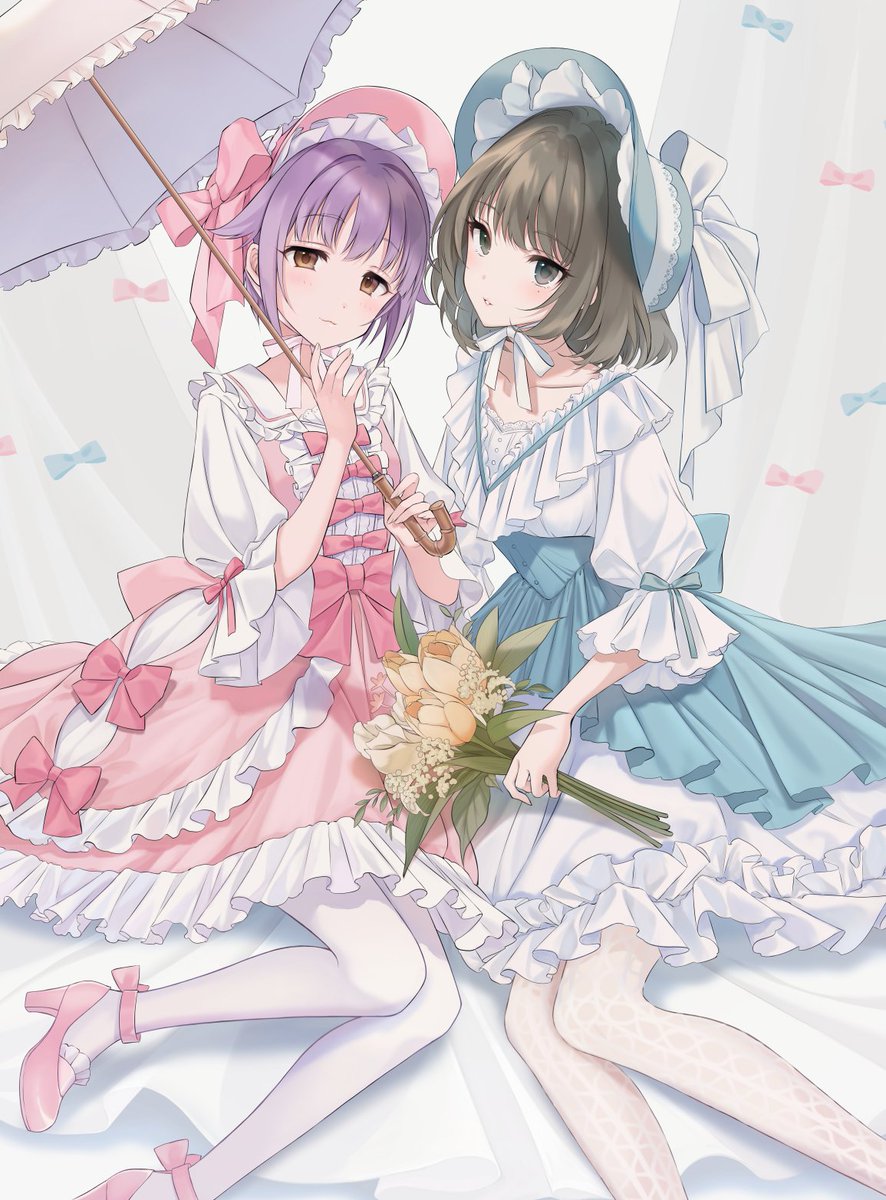 takagaki kaede multiple girls 2girls umbrella dress flower short hair frills  illustration images