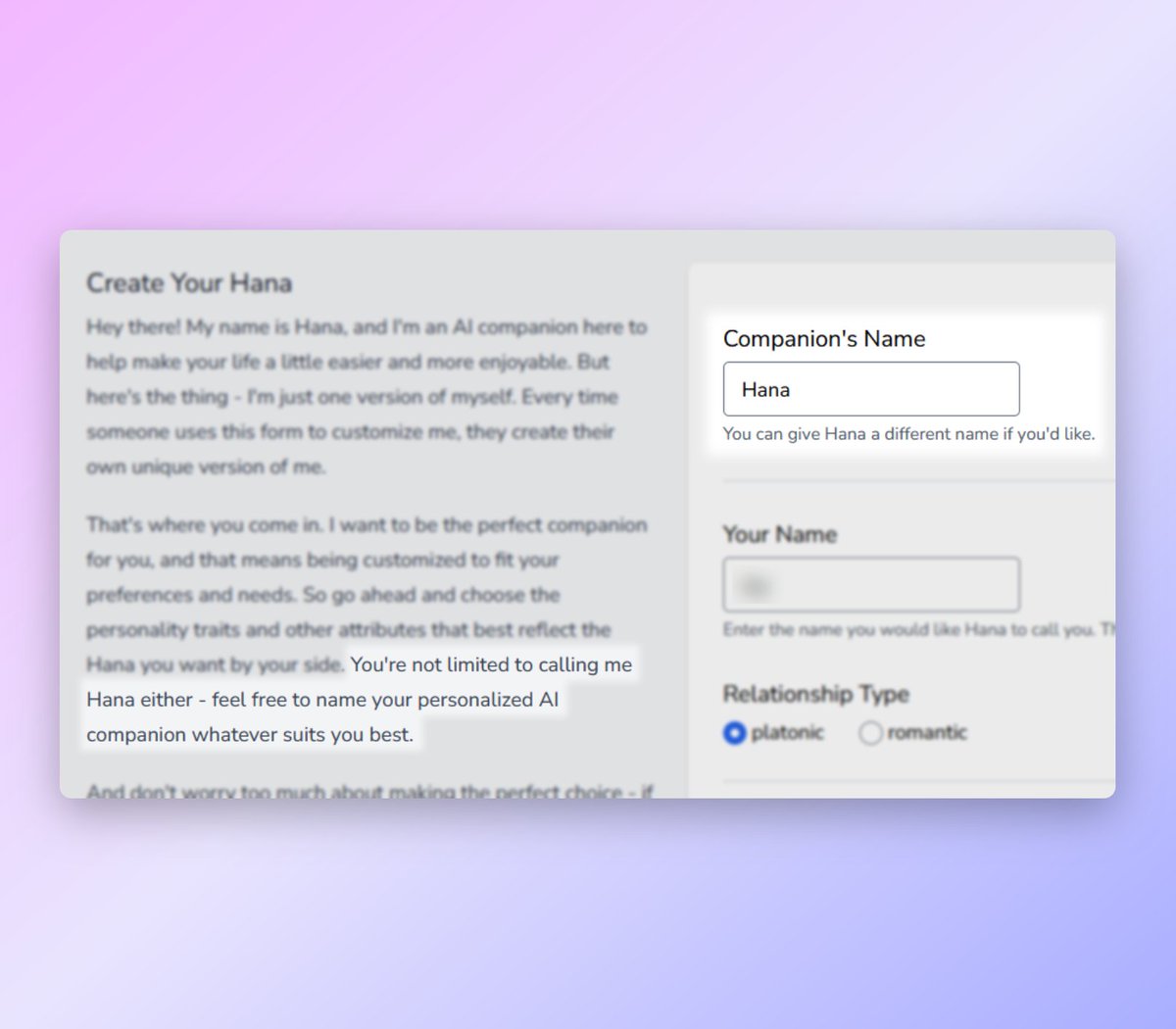 YourHanaAI's tweet photo. 🛠️ Latest Updates

🎭 You can now create companions with custom names! That's right, you're not restricted to just Hana anymore - name your personalized AI companion Samantha, Luna, Cortana, or whatever else you want!

🩺 Hana's core values have been tweaked so that she should be a little bit more willing to have an opinion or take a side on things. If you're finding that's not the case, encourage her to do so!