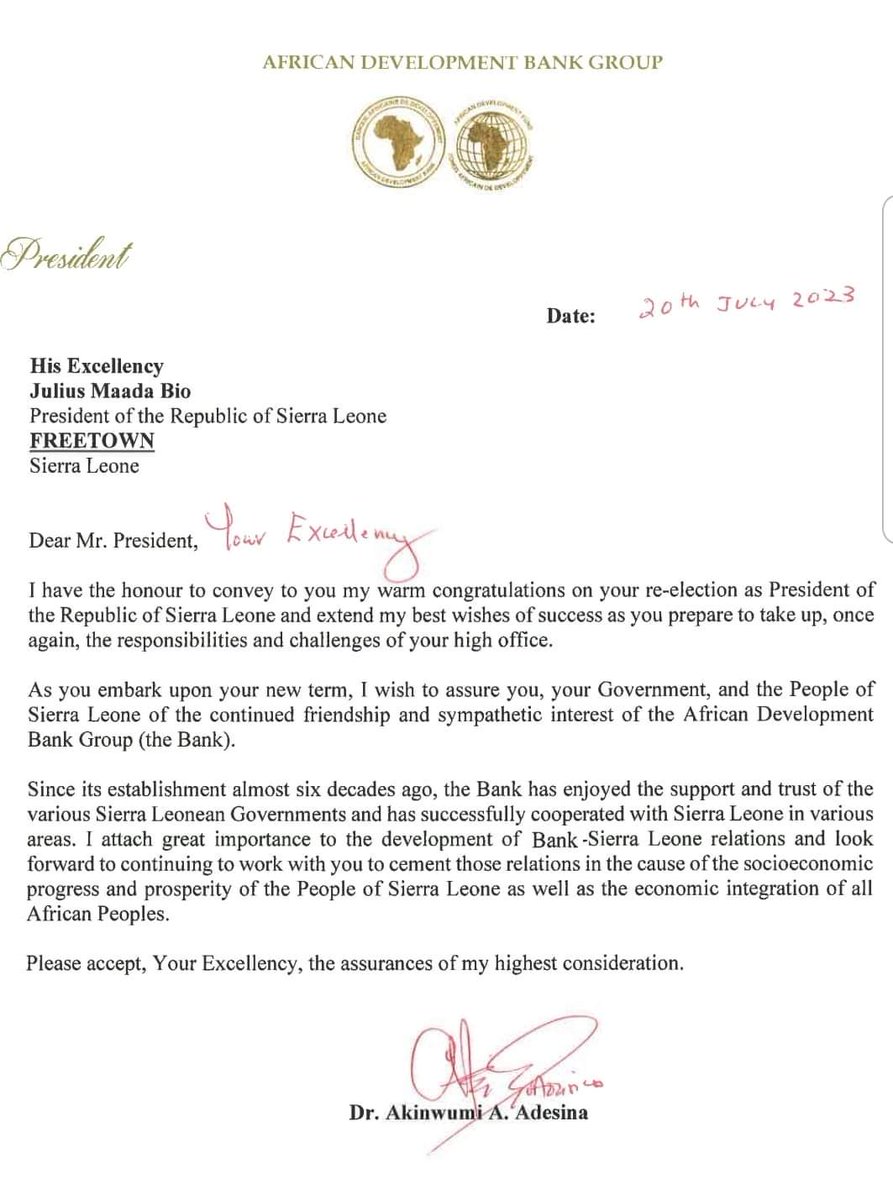 Keketoma_Sandi's tweet image. The President of the #AfricanDevelopmentBank Group, Dr. @akin_adesina, congratulates His Excellency Julius Maada Bio on his re-election as President of the Republic of Sierra Leone.
@EUinSierraLeone @UKinSierraLeone @USEmbFreetown