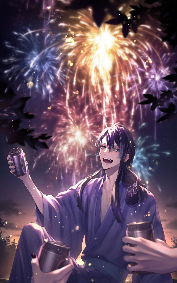male focus can fireworks japanese clothes holding can black nails 1boy  illustration images