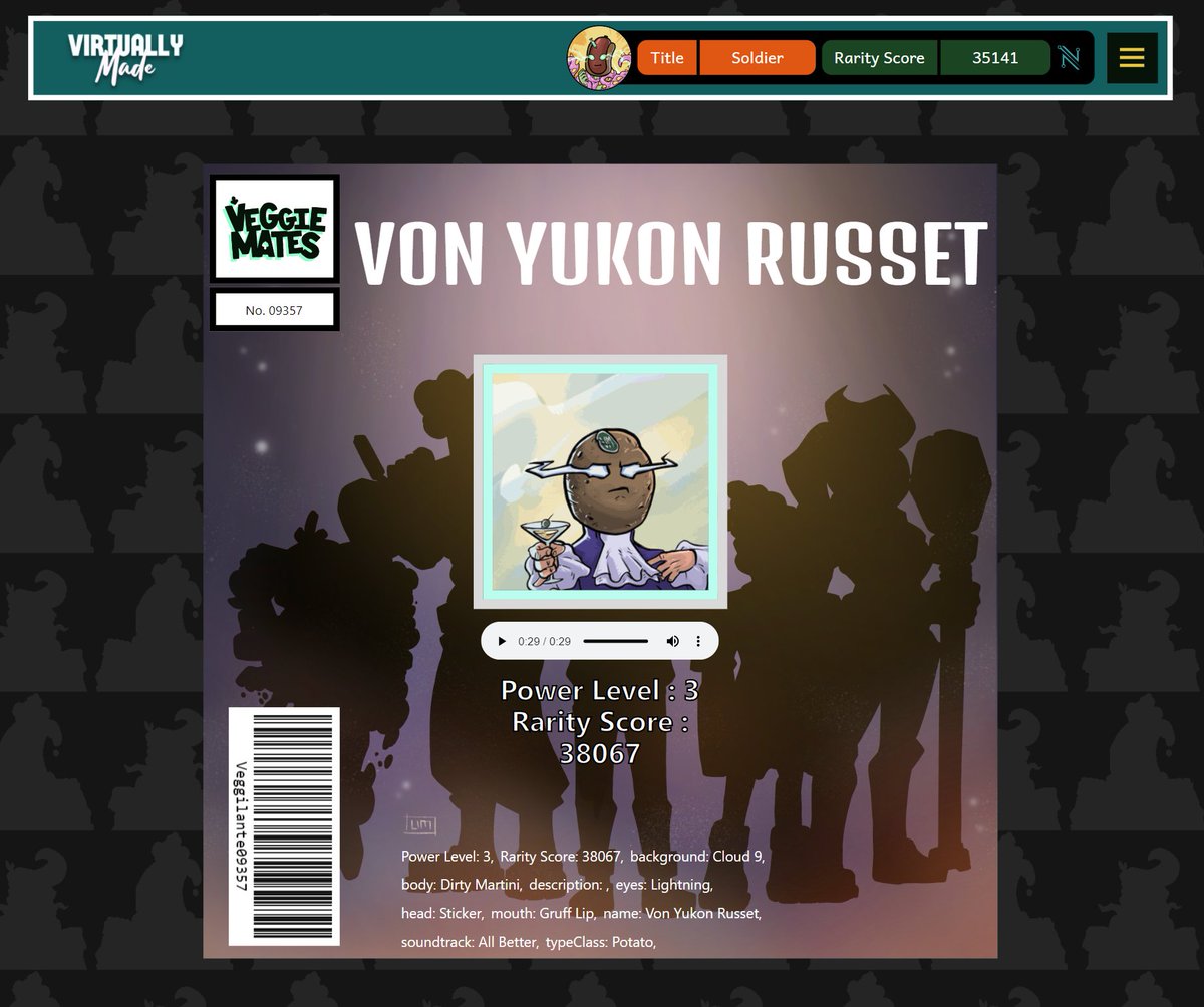 Custom Name ✅
Custom Background✅
Custom Soundtrack by <a href="/BigPaulThomas/">Sain't Paul</a>✅

<a href="/VeggieMatesNFT/">Veggiemates</a> <a href="/GreensToken/">$Greens</a> #NewVegiliante