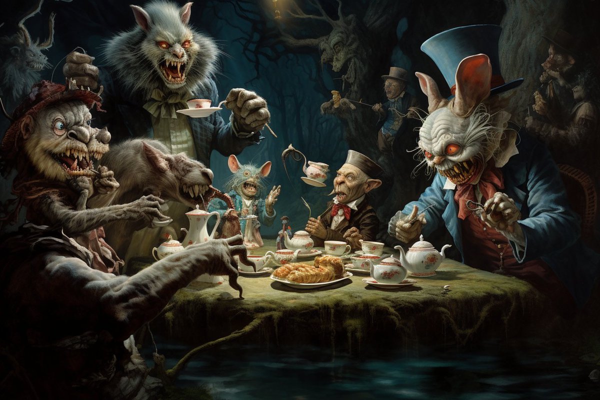 blind_imagery's tweet photo. Tea Party: The Mad March Hare led the dance, his laughter a haunting melody. The Jabberwocky, with fiery eyes, regaled with eerie rhymes. The Dormouse's whispers sent shivers. As the moon cast an ominous glow, the party turned into a cacophony of horrors.
GN! #WonderlandWeek https://t.co/B72ZLH2kVB
