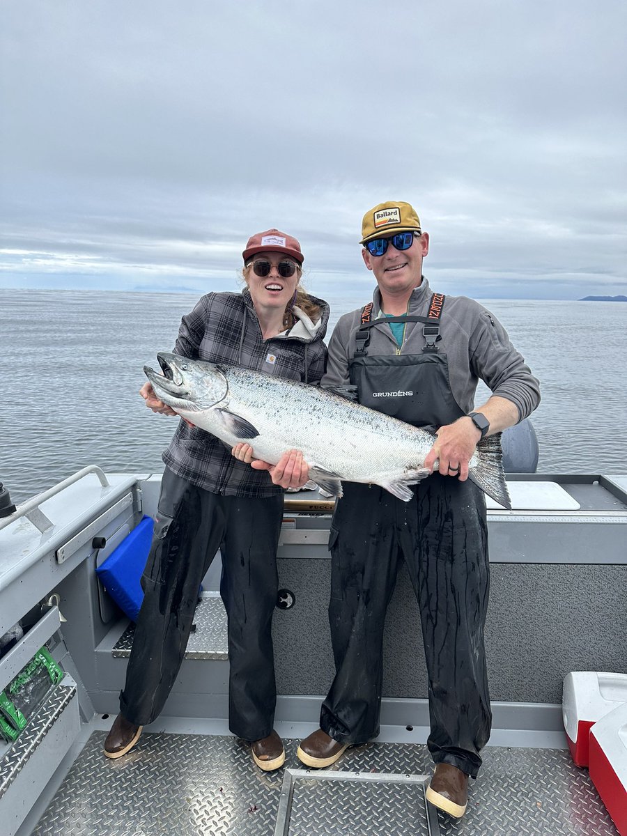 Team effort to bring in this 43.6 lb king salmon (but he caught it). Looks smaller in the pics! This is the largest I’ve seen; every time we opened the fish hold, I was 😳.