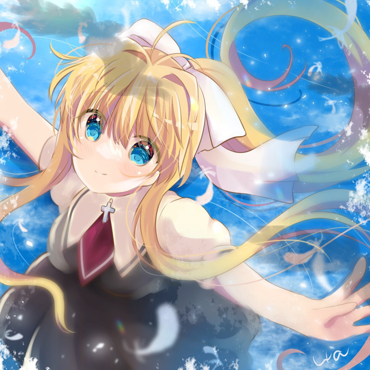 kamio misuzu 1girl blonde hair long hair blue eyes solo school uniform outstretched arms  illustration images