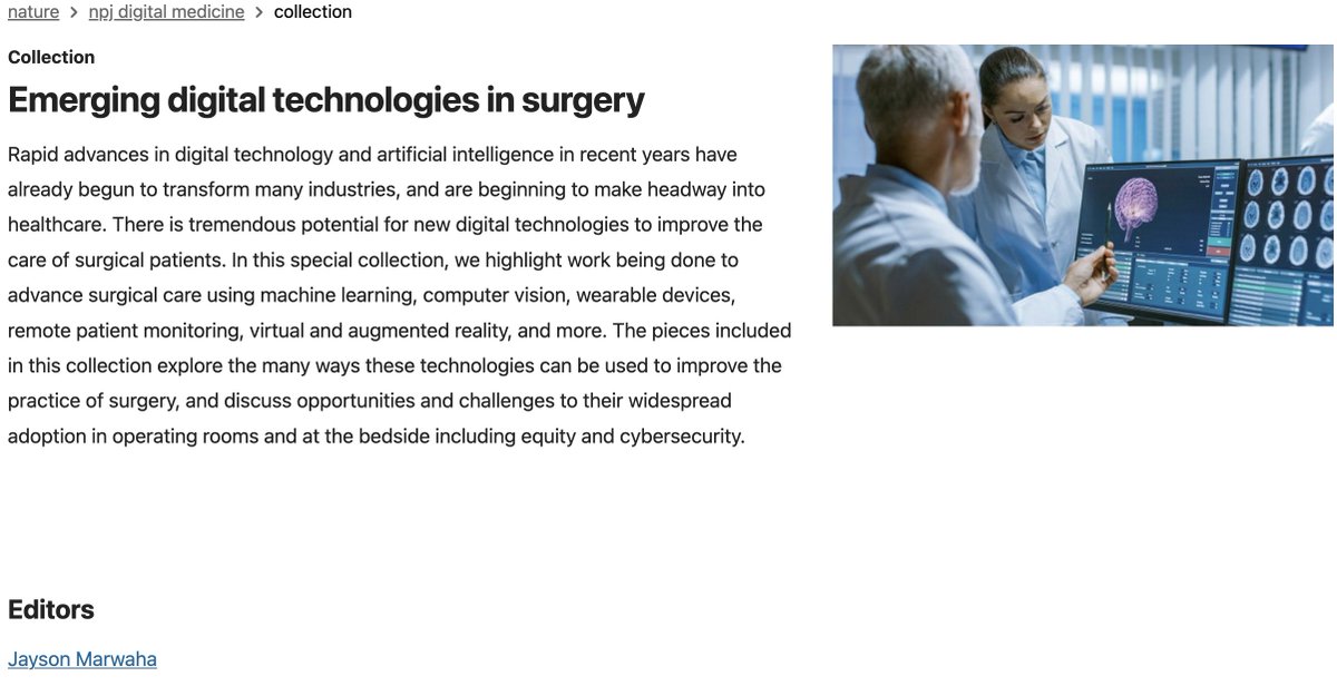 Jayson Marwaha, MD MSc (@jayson_marwaha) on Twitter photo Thrilled to announce the release of our new @npjDigitalMedicine special collection: The Digital Transformation of Surgery.
Over the past yr, <a href="/jkvedar/">Joseph Kvedar, MD</a> <a href="/tillie_cryer/">Tillie Cryer</a> <a href="/Wanda_Layman/">Wanda Layman</a> & I teamed up to highlight emerging tech poised to change how surgical care is delivered. (1/3) Thrilled to announce the release of our new @npjDigitalMedicine special collection: The Digital Transformation of Surgery.
Over the past yr, <a href="/jkvedar/">Joseph Kvedar, MD</a> <a href="/tillie_cryer/">Tillie Cryer</a> <a href="/Wanda_Layman/">Wanda Layman</a> & I teamed up to highlight emerging tech poised to change how surgical care is delivered. (1/3)