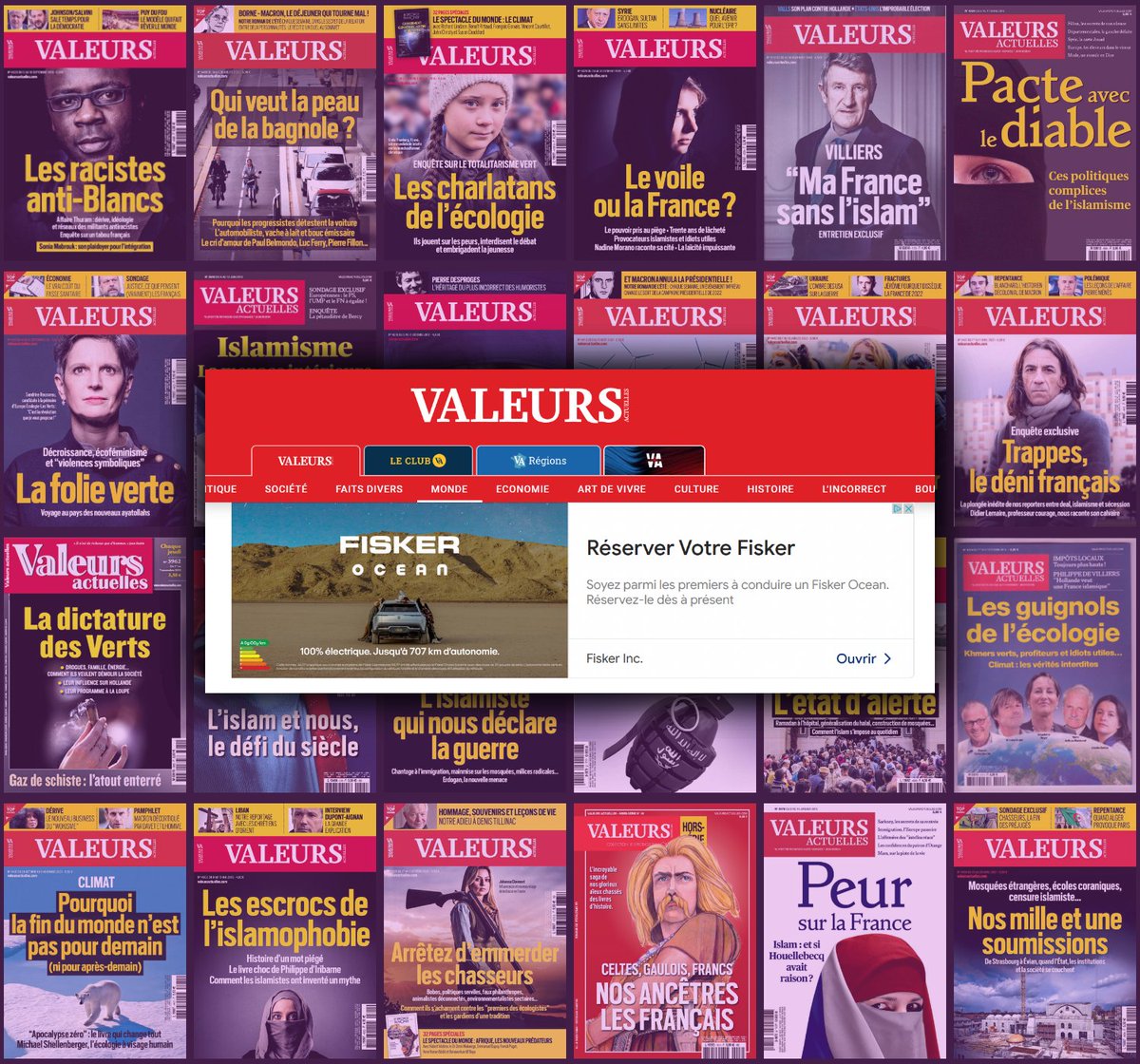 Dear @FiskerInc,
The ad for your all-electric sustainable SUV #FiskerOcean is displayed in France on #ValeursActuelles.com, a site spreading intolerance and bigotry. Not a great way to promote your brand!
Your agency can exclude this site from your web campaigns in a few clicks…