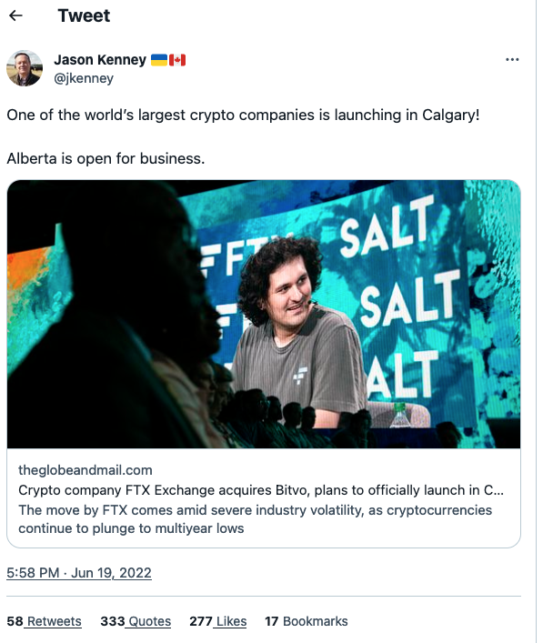 For all those who think #JasonKenney would be a good replacement for Poilievre, he also supported bitcoin in Alberta and the FTX exchange that went bankrupt a month later. Not exactly a stable genius. @CPC_HQ