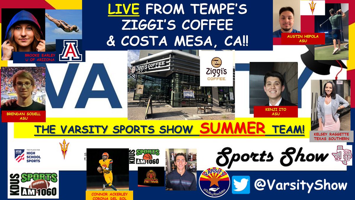 VarsityShow's tweet photo. Varsity Sports Show! July 22, 2023-LIVE from Ziggi's Coffee TEMPE! Listen here: https://t.co/VNBbeihRNJ 
@Kelsey_Raggette @BrookeEarley2 @ConnorAckerley @b_sodell @Kenjiito110 @AustinHepola @Cronkite_ASU @uazjschool @TexasSouthern @CdS_Football @ZiggisCoffee @GoldwaterAthle1 https://t.co/Pj4WeYYbAQ
