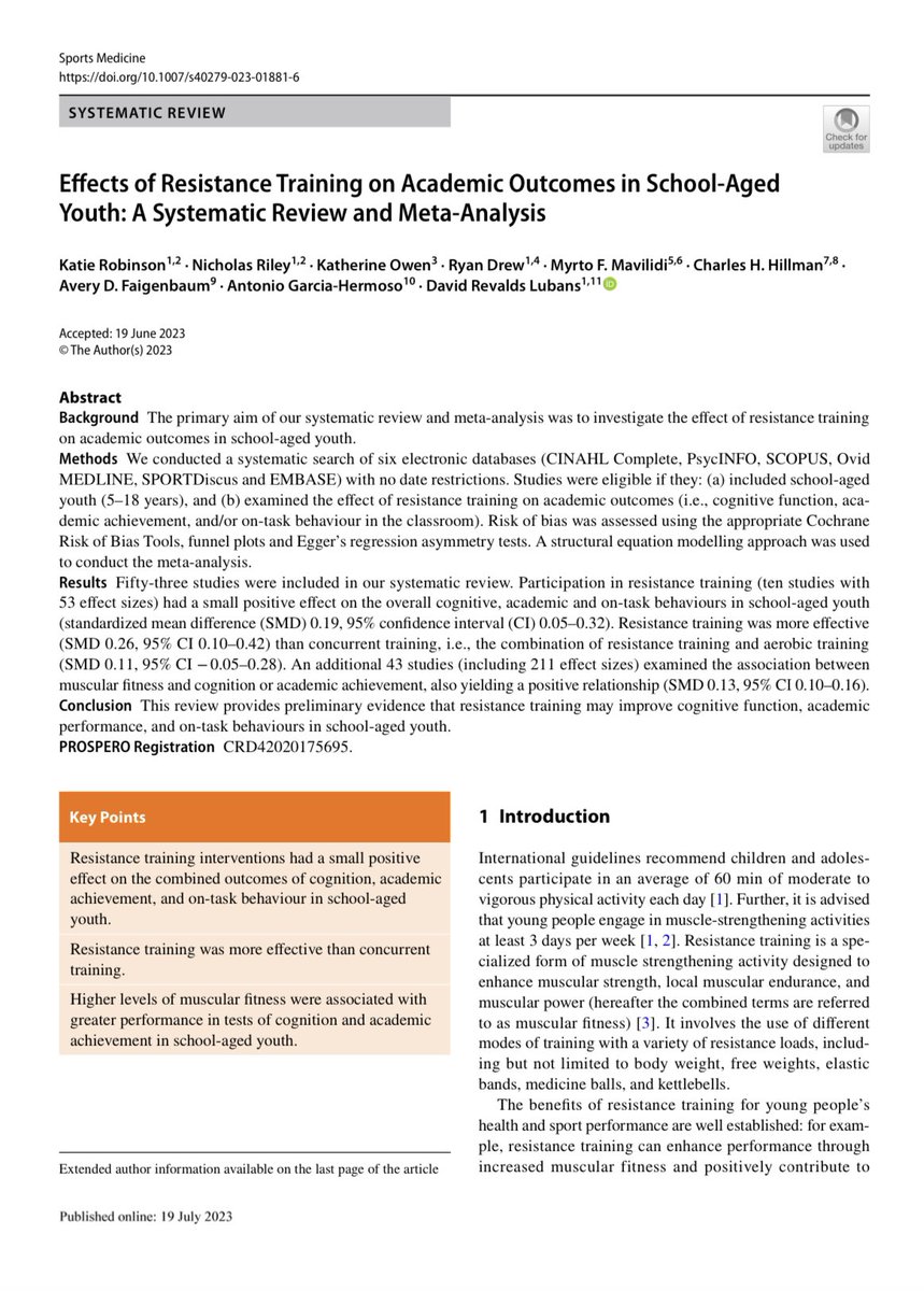 🏋️‍♂️💡 A meta-analysis of 53 studies finds that resistance training not only boosts physical fitness in school-age kids but also enhances their cognition, academic results, and classroom behaviour. #FitnessEducation #BrainGain link.springer.com/content/pdf/10…