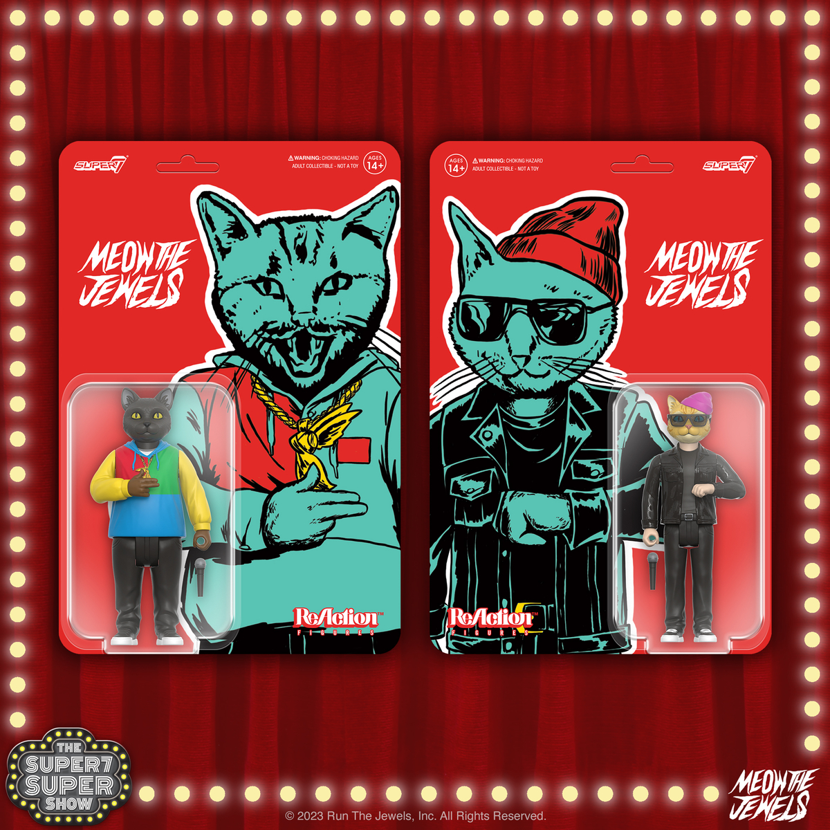 super7store's tweet photo. ⚠️ GIVEAWAY ⚠️ 
#SDCC is in full swing! We are giving away the SDCC edition Run the Jewels, Meow the Jewels ReAction Figure 2-Pack was inspired by the feline-focused remix album. For a chance to WIN:
1. RT &amp; 🧡 this post
2. Tag a friend who should be following us @super7store! https://t.co/8fzGMNvuOF