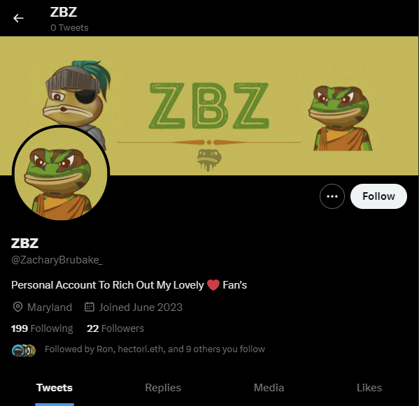 ZBZB1993's tweet photo. This scammer is targeting frogs!

Please help me get this impersonator taken down @ZacharyBrubake_.

Block and report please!
