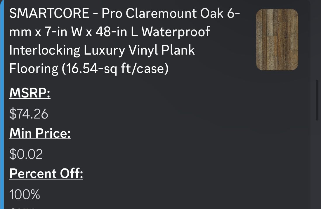 profit_lounge's tweet photo. $60 Cases Of Floorings For A PENNY?

Yup that’s right, lowes marked down these floorings down to $.01 for instore pickup ONLY.

- 1 Penny
- Stock based on location 
- 3 different variety of flooring

Retweet +Reply down below for a checkout link to your zip!👇

Must be following me