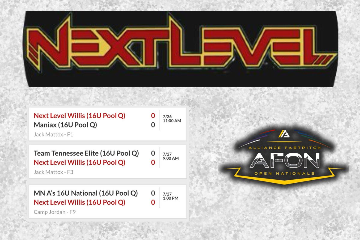Here’s my schedule for Alliance Nationals! <a href="/NextLevelWillis/">Next Level Willis</a> 

<a href="/PiedmontSB/">Piedmont Lions Softball</a> <a href="/tmartin1314/">tmartin</a> <a href="/MikeDavo17/">MIKE DAVENPORT</a> <a href="/11BWade/">Beth Wade</a> <a href="/AJDaugherty1/">A.J. Daugherty</a> <a href="/UNASoftball/">North Alabama Softball</a> <a href="/CoachJessStrong/">Jessica Strong</a> <a href="/BerrySoftball/">Berry Softball</a> <a href="/CoachCasey_HC/">Casey Chrietzberg</a> <a href="/Acozart44/">Ashley Cozart</a> <a href="/UNASoftball/">North Alabama Softball</a> <a href="/AllySilva7/">Ally Silva</a> <a href="/SSCC_Softball/">Shelton State Softball</a> <a href="/DeltaStateSB/">Lady Statesmen Softball</a> <a href="/BelhavenSB_/">Belhaven Softball</a> <a href="/SouthAlabamaSB/">South Alabama Softball 🥎</a>
