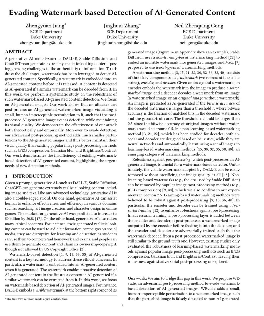 Curious to see how watermarking AI content could work, given that is apparently now a priority.

A bunch of research suggests it is easily defeated with just a little manipulation. arxiv.org/pdf/2305.03807…
