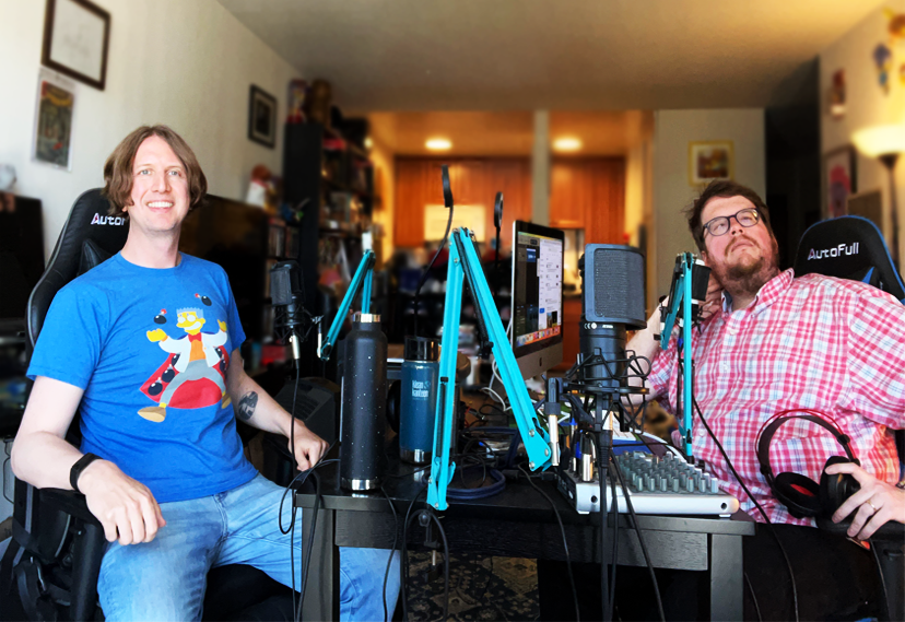 Bob Mackey and Henry Gilbert sitting at the recording desk in Henry's apartment. 