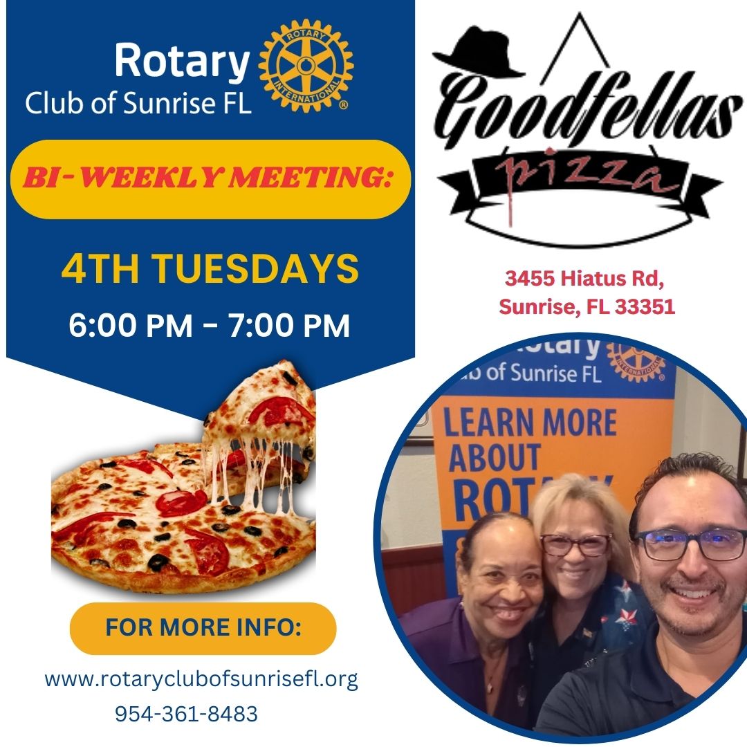 🗓 Join us on Tuesday July 25 at 6pm at Goodfellas Pizza for Rotary's highly anticipated meeting! 🍕🔔 See you all there! 💫✨ #RotaryClubofsunrisefl #TuesdayMeeting #GoodfellasPizza #NewTime #CommunityInitiatives #forsunrisefl