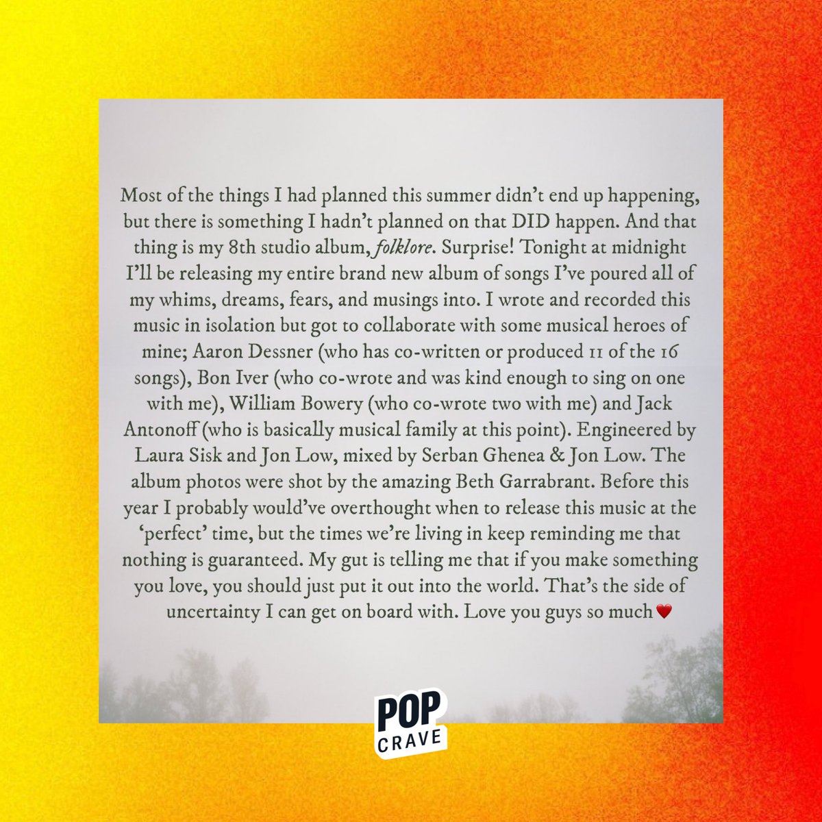 3 years ago today, Taylor Swift announced her 8th studio album, 'folklore.'