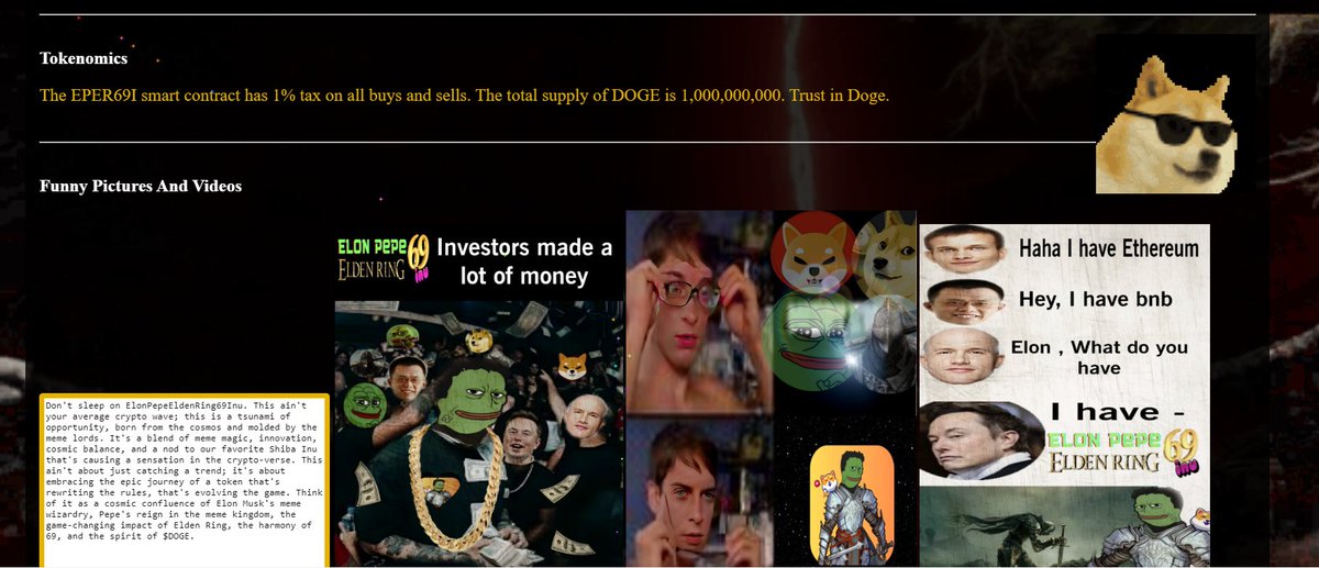 EPER69I's tweet photo. Dive into the new era of memecoins 🚀 The ultimate #ElonPepeEldenRing69Inu is here, TICKER $DOGE, bringing a fresh twist to the meme game. 👾 Three tenets await your discovery, your journey starts at https://t.co/ZarlmBB6u2.

Buckle up, fam! @iambroots @realdogen @EricCryptoman https://t.co/wBsCatR4gs