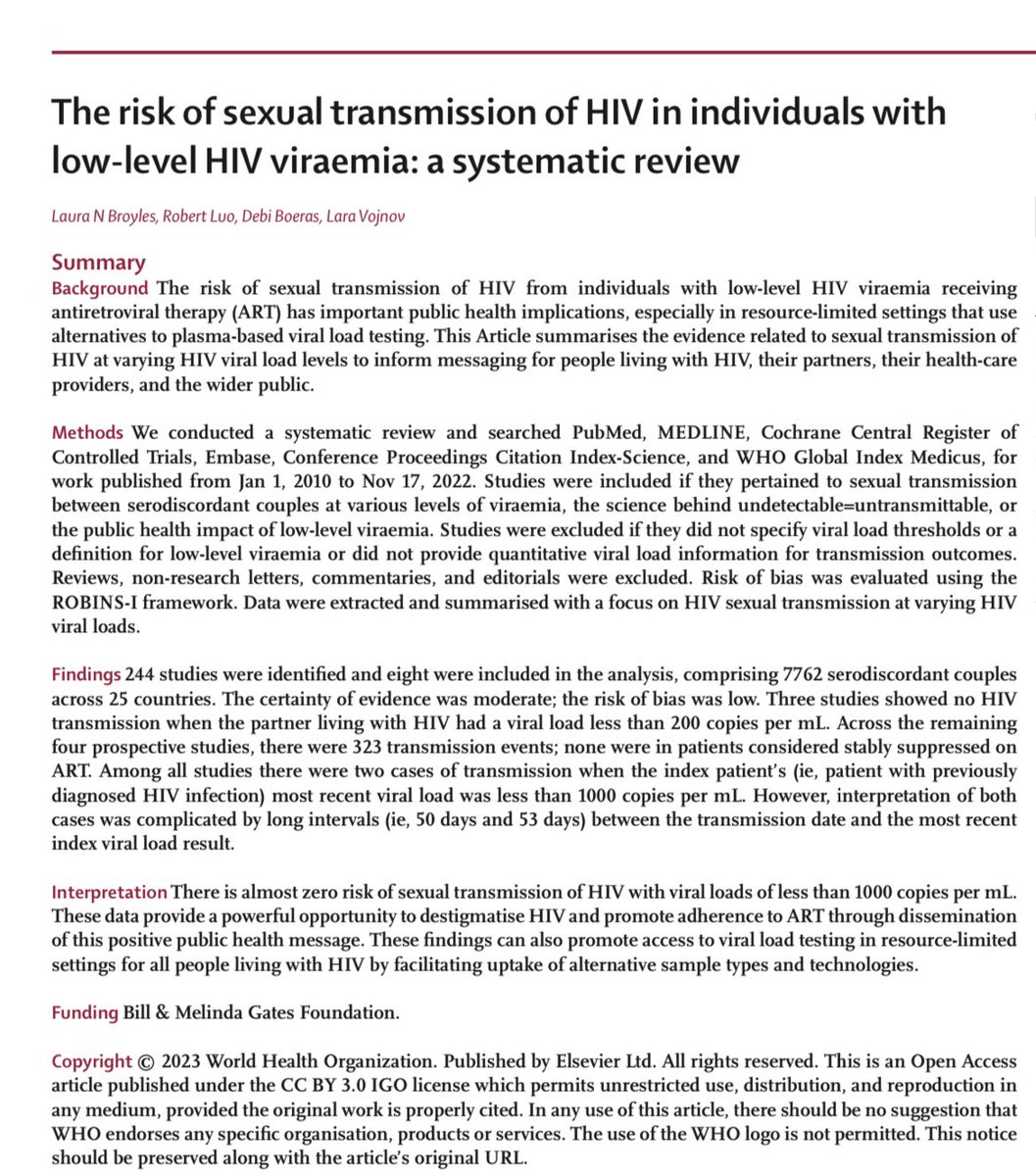Breaking: A paper in <a href="/TheLancet/">The Lancet</a> finds that not only do people with HIV who are on antiretrovirals and maintain a viral load &lt;200 have zero risk of transmission via sex, but there is a nearly zero chance of transmitting with a viral load &lt;1,000. #IAS2023 #UequalsU