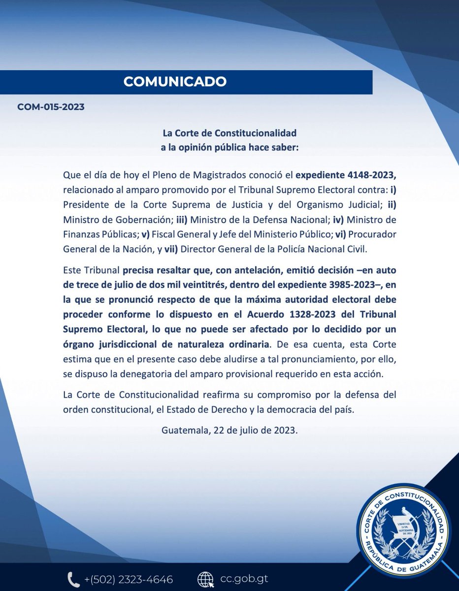 CC_Guatemala's tweet photo. La Corte de Constitucionalidad a la opinión pública hace saber: https://t.co/8hVmR3cWK6
