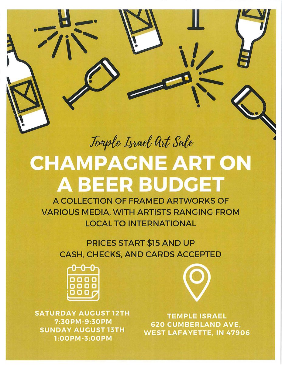 TempIsraelwlaf's tweet photo. See champagne art on a beer budget, nosh and shmooze with us Saturday and Sunday, Aug. 12 and 13, at our Art Sale 
Cheers, L’Chaim! https://t.co/fzF6WGir8L