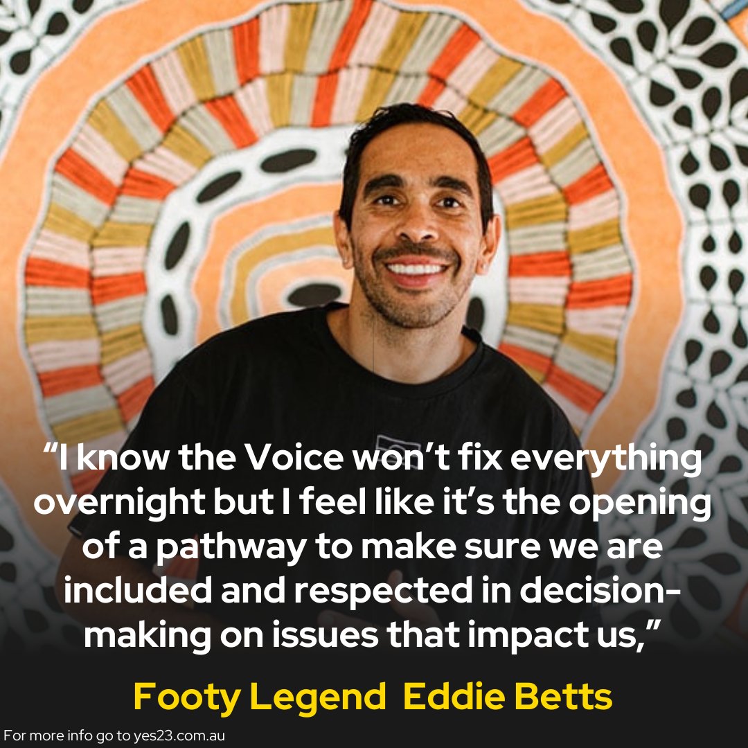 Sporting legend Eddie Betts has thrown his support behind the Yes vote saying it will open a pathway to be included in decision-making on issues that affect local Indigenous communities. 

#Yes23