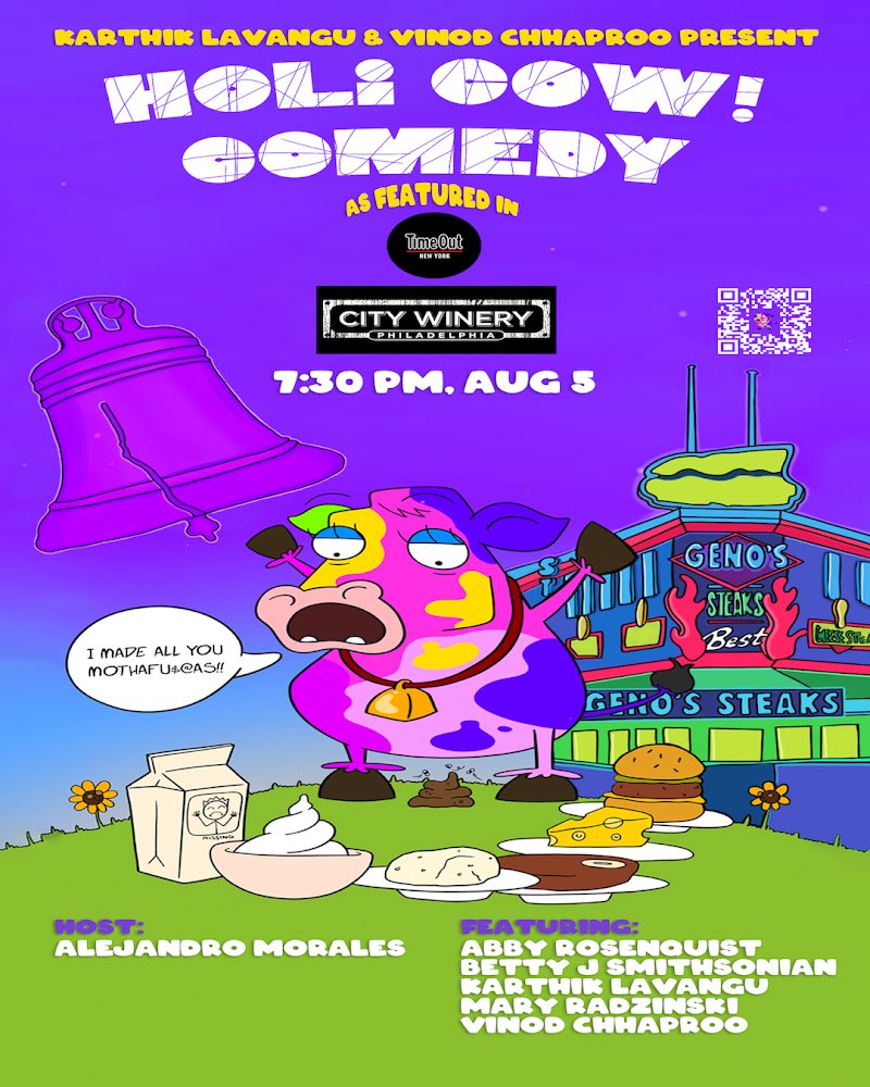 Philly friends!!! Very excited to bring our Timeout New York featured show Holi Cow! Comedy to CityWinery Philly!! August 5th, 7:30pm!! Ticket link in reply below…  come by and we’ll get a drink after the show!