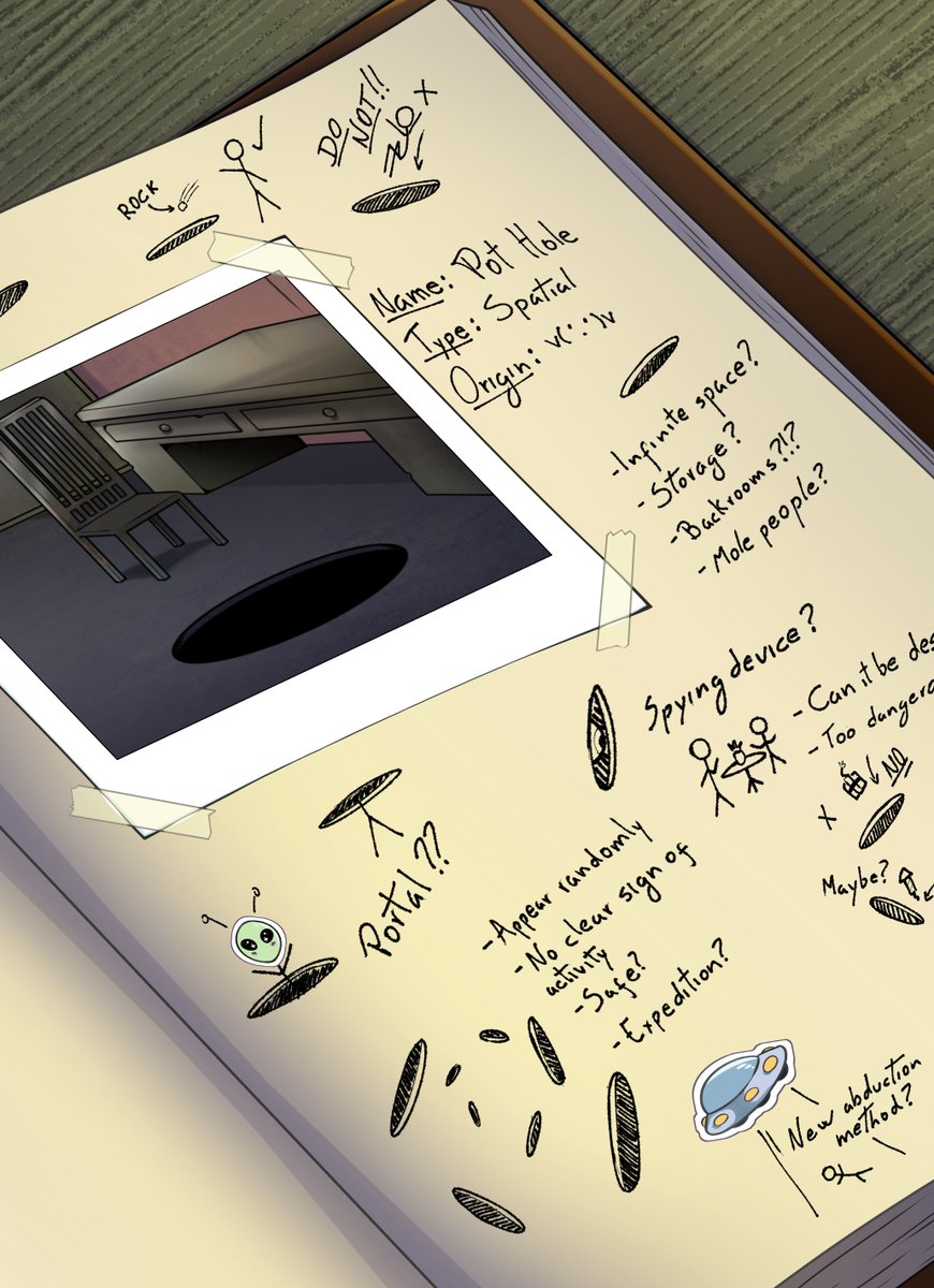Page 2: Pot Holes!
Stuff goes in but never comes out!
Not even light! Photos are just darkness! (⊙_◎)

Luna says they're mini black holes,
but I dunno about that...

How would they show up so many places if they were?
And how would they vanish so fast afterwards?