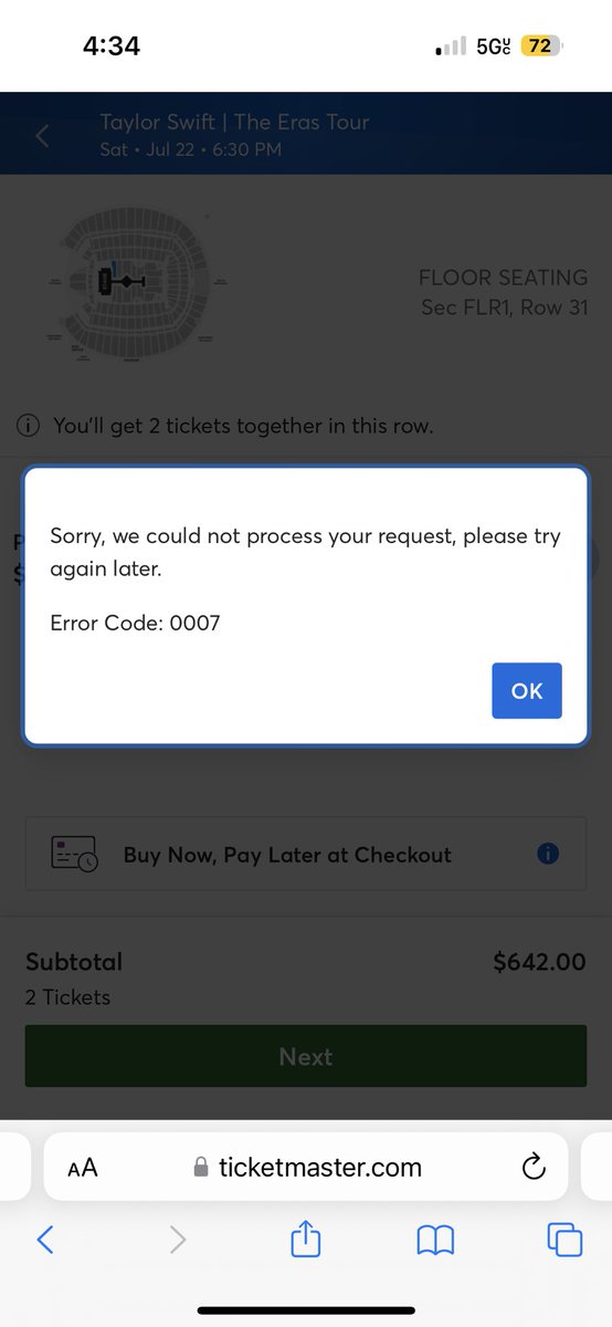 natmohkay's tweet photo. @erastourticketz Does this error mean tickets aren’t actually available like it looks? https://t.co/aY8zzzg1fC