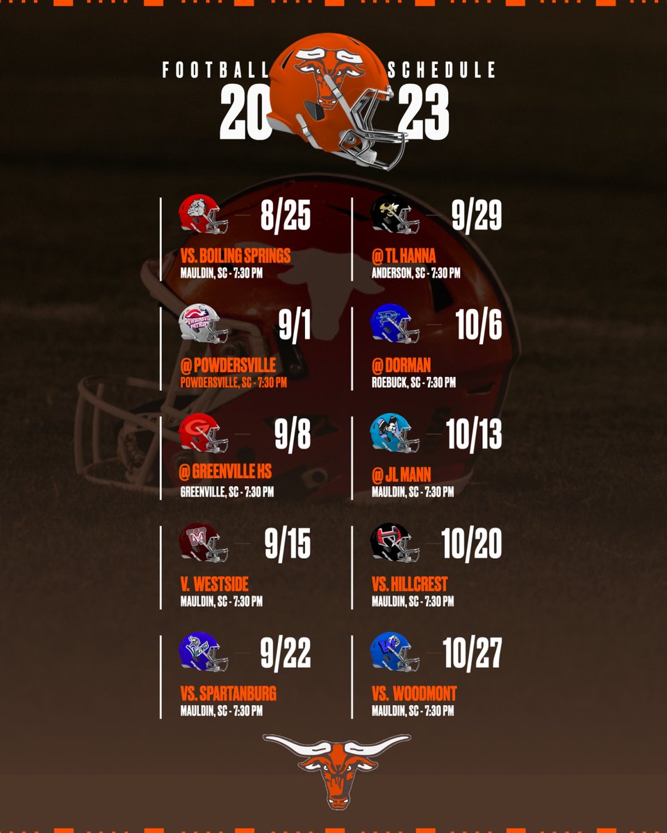 Mauldin_Athl's tweet photo. 🐂🤘🏼2023 Varsity Football 🤘🏼🐂

Promotional Schedule is released!!  

We have a ton planned to make Mauldin High School's 50th Anniversary memorable!!

Make plans to come be a part of the excitement!!

#GoMAVS #CPU https://t.co/riktdFPo0a