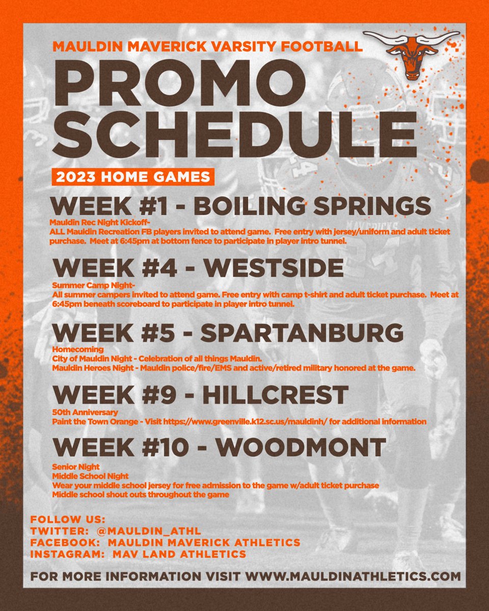 Mauldin_Athl's tweet photo. 🐂🤘🏼2023 Varsity Football 🤘🏼🐂

Promotional Schedule is released!!  

We have a ton planned to make Mauldin High School's 50th Anniversary memorable!!

Make plans to come be a part of the excitement!!

#GoMAVS #CPU https://t.co/riktdFPo0a
